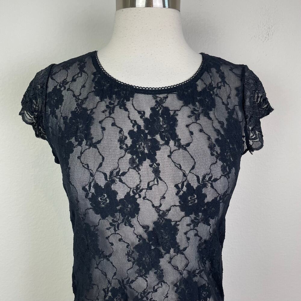 Vintage Black Lace Layers Short Sleeve Whimsigoth Top Large - Picture 3 of 7